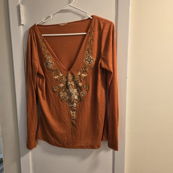 Vintage Janette Plus Embroidered Orange V-Neck Women's Top - Picture 2 of 3